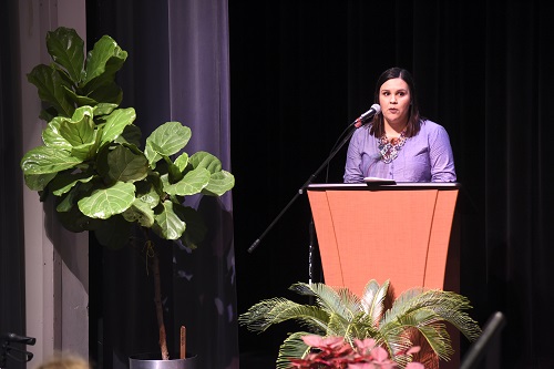 Fabiola Navarro delivers the keynote address at the 2019 Triton College Adult Education Completion and Commencement Ceremony.