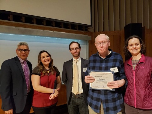 Pictured (L-R)  Juan Salgado, chancellor, City Colleges of Chicago; Ruby Camacho, associate director, UIC Center for Literacy; Blake Dunphy, board of directors, Literacy Volunteers of IL; Jim Jacob, volunteer tutor, Triton College Access to Literacy Program; Britt Garton Pisto, coordinator, Triton College Access to Literacy Program).